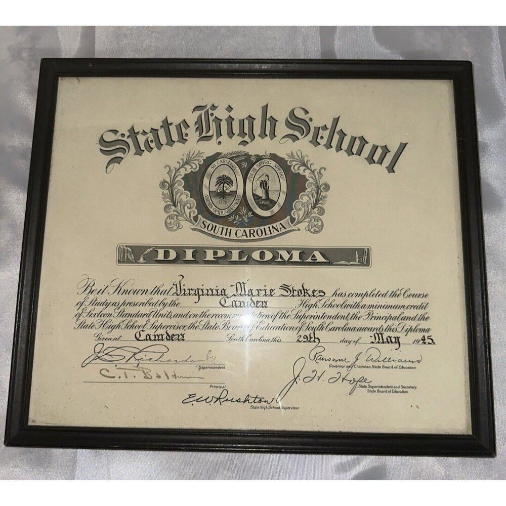 Vintage 1945 Camden High School Framed Diploma South Carolina